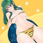  animal_print bikini blue_eyes breasts cameltoe green_hair horns jewelry large_breasts long_hair looking_at_viewer lum necklace parted_lips pink_crown print_bikini skindentation solo swimsuit thighs tiger_print urusei_yatsura 