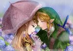  1girl blonde_hair blue_eyes closed_eyes dress earrings hat jewelry link long_hair master_sword pointy_ears princess_zelda rain short_hair sword the_legend_of_zelda the_legend_of_zelda:_ocarina_of_time umbrella wasabi_(legemd) weapon 