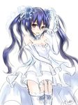  1girl black_hair choujigen_game_neptune detached_collar dress elbow_gloves flower gloves hair_flower hair_ornament highres looking_at_viewer neptune_(series) noire red_eyes smile solo tied_hair twintails wedding_dress white_gloves white_legwear 