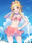  ass_visible_through_thighs bare_shoulders blonde_hair blush breasts condensation_trail day drill_hair eromanga_sensei fang groin hand_on_hip long_hair midriff navel orange_eyes panties raised_eyebrows saitou_naoki small_breasts smile solo striped striped_panties telephone_pole thighs underwear v wind wind_lift yamada_elf 