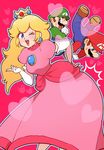  1girl 2boys ;d blonde_hair blue_eyes blue_overalls brooch brothers brown_hair butt_bump crown dress earrings elbow_gloves facial_hair gloves green_hat green_shirt hand_on_hip hand_up hat heart jewelry long_hair long_sleeves looking_at_another looking_at_viewer looking_down luigi mario mario_(series) multiple_boys mustache nm_qi one_eye_closed open_mouth overalls pink_dress princess_peach puffy_short_sleeves puffy_sleeves shirt short_hair short_sleeves siblings smile standing super_mario_bros. sweat white_gloves 