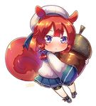  :&lt; acorn animal_ears beret bike_shorts blush braid chibi commentary_request etorofu_(kantai_collection) hair_ribbon hat kantai_collection long_sleeves looking_at_viewer purple_eyes red_hair ribbon short_hair simple_background solo squirrel_ears squirrel_tail suou_sakura tail tress_ribbon white_background 