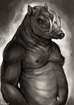  2016 anisis babirusa belly black_eyes deep_navel digital_media_(artwork) digital_painting_(artwork) front_view gradient_background grey_background greyscale hairless half-length_portrait looking_at_viewer male mammal monochrome musclegut navel nipples nude overweight overweight_male pig_nose porcine portrait signature simple_background solo tusks white_background wrinkles 