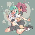  ! &lt;3 2017 5_fingers bite blush breasts cephalopod clothed clothing dialogue duo ear_biting english_text female female/female fingers footwear green_eyes green_hair hair hi_res humanoid inkling jarv_(artist) kneeling looking_back marine nintendo not_furry octoling open_mouth pointy_ears purple_eyes pussy_juice shoes short_hair simple_background small_breasts smile spats splatoon squid surprise sweat sweatdrop tentacle_hair tentacles text video_games 