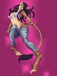  2017 4_toes anthro breasts brown_fur clothed clothing dreadlocks feline female fur fydbac hair hakuna jeans lion mammal navel pants simple_background solo thong toes 