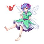  anklet bare_legs barefoot blue_hair bow bracelet closed_mouth derivative_work dress elfin_mint expressionless frills full_body green_dress hair_bow hairband hichou highres jewelry looking_at_viewer original pink_bow pink_hairband pointy_ears red_eyes short_hair solo the_last_comer touhou transparent_background wings 