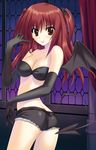  :p absurdres ass back bare_shoulders bat_hair_ornament bat_wings black_gloves black_shorts black_wings breasts brown_eyes butt_crack cleavage collarbone curtains demon_girl denim denim_shorts elbow_gloves from_behind gloves hair_ornament highres indoors long_hair looking_at_viewer looking_back medium_breasts nanakase_yui nekonade_distortion red_hair scan shorts solo spread_wings succubus tail thighhighs tongue tongue_out tsukinon twisted_torso two_side_up wings 