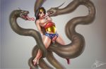  2017 areola black_hair bound breasts clothing fellatio female feral forced group group_sex hair hands_behind_back human mammal nipples oral penetration penis penis_tongue pussy pussy_juice rape reptile saliva scalie sex signature snake threesome torn_clothing vaginal vaginal_penetration vitorleone13 wonder_woman 