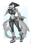 anthro autumm_airwave clothing female fish furgonomics furry-specific_piercing hair looking_at_viewer marine nipple_bulge piercing shark smile solo tail_piercing tight_clothing unzipped 