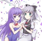  :d animal_ears bare_shoulders bow bowtie breasts bunny_ears bunny_girl bunnysuit confetti cyan_aeolin detached_collar dress erina_(rabi-ribi) eyebrows_visible_through_hair frills green_eyes grey_hair hand_on_another's_shoulder hands_on_another's_waist headdress heart highres holding_hands interlocked_fingers irisu_(rabi_ribi) long_hair looking_at_viewer medium_breasts multiple_girls open_mouth puffy_short_sleeves puffy_sleeves purple_eyes purple_hair rabi-ribi short_sleeves smile upper_body very_long_hair wrist_cuffs yuri 