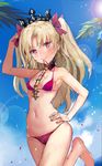  alternate_hair_color bad_id bad_pixiv_id bikini blonde_hair breasts choker cowboy_shot earrings ereshkigal_(fate/grand_order) fate/grand_order fate_(series) jewelry lens_flare long_hair looking_at_viewer mp0159 palm_tree red_bikini red_eyes small_breasts solo spine swimsuit tiara tree 