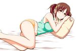  armpits bare_arms bare_legs bare_shoulders barefoot belly_peek black_eyes blush breasts brown_hair closed_mouth commentary_request groin idolmaster idolmaster_cinderella_girls jewelry kanno_takanori large_breasts looking_at_viewer lying navel necklace on_side pillow short_shorts shorts smile solo tank_top totoki_airi twintails 