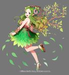  back bare_shoulders brown_eyes company_name full_body green_hair grey_background gyakushuu_no_fantasica horns leaf long_hair millgua official_art open_mouth plant pointy_ears sheep_horns simple_background solo vines wavy_hair 