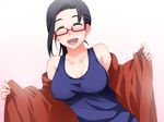  bad_id bad_pixiv_id black_hair blush breasts closed_eyes covered_nipples demi-chan_wa_kataritai glasses jacket large_breasts long_hair no_bra open_clothes open_jacket open_mouth poncho_s red-framed_eyewear satou_sakie semi-rimless_eyewear smile solo tank_top track_jacket under-rim_eyewear upper_body 