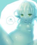  1girl english female goo_girl green_eyes mofuaki monster_girl navel nude open_mouth original pointy_ears solo spread_legs text 