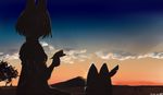  cloud kawashina_(momen_silicon) kemono_friends lucky_beast_(kemono_friends) mountain scenery serval_(kemono_friends) serval_ears short_hair silhouette sky sunrise tree 