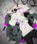  1boy black_legwear blood collarbone commentary_request danganronpa green_eyes green_jacket grey_nails hair_between_eyes ikanatsu jacket knive komaeda_nagito lying male_focus nail_polish navel on_back on_ground pants pink_blood restrained shirt shirt_lift sleeveless sleeveless_shirt solo stitched stitches super_danganronpa_2 third-party_edit white_hair white_shirt 