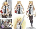  1boy 3girls abukuma_(kantai_collection) alternate_costume black_jacket black_legwear blonde_hair blue_eyes cafe character_request coat coffee coffee_cup cup disposable_cup double_bun food full_body gambier_bay_(kantai_collection) grey_jacket hair_between_eyes hair_rings hairband highres jacket kantai_collection long_hair long_sleeves miniskirt multiple_girls negahami pantyhose pleated_skirt simple_background sitting skirt table tree twintails ushio_(kantai_collection) white_background 