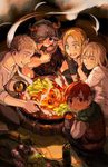  3boys :d ^_^ arm_grab arm_hug bangs beard belt black_hair blonde_hair blush bottle bowl brother_and_sister brown_hair chilchuck choker closed_eyes cooking cup drink drooling dungeon_meshi dwarf eating elf facial_hair farin_(dungeon_meshi) floor food grin happy helmet highres holding holding_another's_arm horned_helmet katy_ho ladle laios_(dungeon_meshi) lettuce looking_at_viewer looking_away looking_back mandrake marcille mug multiple_boys multiple_girls mushroom mustache on_floor one_eye_closed open_mouth pointy_ears pot profile scarf senshi_(dungeon_meshi) siblings sitting sleeves_rolled_up smile soup spoon squatting steam swept_bangs tasting tunic vest 