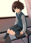  :s aoi_hato black_legwear bob_cut brown_hair commentary_request desk furidashi_ni_ochiru! green_eyes highres kneehighs looking_at_viewer monsieur school_desk shoes short_hair solo sweater_vest uwabaki window 