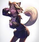  ;d animal_ears black_skirt blush bow bowtie brown_hair commentary_request eyebrows_visible_through_hair fur_collar highres holding holding_microphone kemono_friends long_sleeves looking_at_viewer microphone nadare-san_(nadare3nwm) one_eye_closed open_mouth pantyhose partial_commentary raccoon_ears raccoon_tail red_eyes ribbon short_hair skirt smile solo tail tanuki_(kemono_friends) teeth v v_over_eye white_bow white_ribbon 
