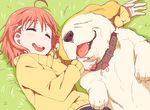  ^_^ ahoge animal bangs bow closed_eyes collar dog food_themed_hair_ornament gamjolno hair_bow hair_ornament hairpin highres long_sleeves love_live! love_live!_sunshine!! mushroom_hair_ornament on_grass open_mouth orange_hair scratching shiitake_(love_live!_sunshine!!) smile sweater takami_chika tongue tongue_out yellow_bow yellow_sweater 