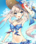  :d absurdres arm_up armpits bad_id bad_pixiv_id bangs bikini bikini_skirt blue_bikini blue_eyes blue_sky breasts cleavage cloud day fate/grand_order fate_(series) fingerless_gloves flower front-tie_bikini front-tie_top gloves grey_hair groin hand_on_headwear hat hat_flower hat_ribbon highres jewelry long_hair looking_at_viewer marie_antoinette_(fate/grand_order) marie_antoinette_(swimsuit_caster)_(fate) medium_breasts navel necklace open_mouth outdoors ribbon round_teeth sky smile solo sun_hat swimsuit teeth twintails upper_body very_long_hair water yuuko_(030_yuko) 