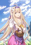  ahoge basket blonde_hair blue_eyes breasts cleavage cloud collarbone day eko flower granblue_fantasy grass hair_flower hair_ornament hairband hand_on_headwear jeanne_d'arc_(granblue_fantasy) long_hair looking_at_viewer medium_breasts pink_skirt skirt sky smile solo very_long_hair 