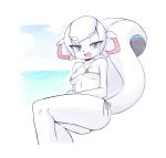  2018 absurd_res anthro beach bichosan bikini blue_eyes breasts butt clothed clothing exotic_pupils eyebrows_visible_through_hair female hair hi_res kiki_the_cyber_squirrel krita_(program) looking_at_viewer lying machine mammal mascot micro_bikini nipple_bulge on_side open_mouth pink_eyes robot rodent sciurid sea seaside side-tie_bikini skimpy small_breasts smile solo swimsuit thick_thighs tree_squirrel water white_hair 