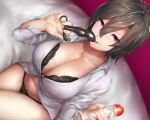  1girl bed blush bra breasts brown_eyes brown_hair cleavage dutch_angle eyebrows_visible_through_hair from_above kageshio_(276006) lace large_breasts licking looking_at_viewer looking_up lube original panties prostate_massager scollarbne shirt solo underwear white_shirt 