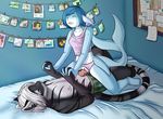  aludrakijurorin bed blue_hair boxers_(clothing) cetacean clothing cum dolphin duo feline female green_eyes grinding hair hand_holding male male/female mammal marine misty on_bed orion penis pussy sex size_difference smile teeth tiger underwear white_hair 