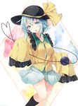  bad_id bad_pixiv_id black_hat black_legwear breasts collarbone collared_shirt eyeball eyebrows_visible_through_hair floral_print frilled_shirt_collar frilled_sleeves frills grey_skirt hat hat_ribbon head_tilt heart heart_of_string highres kneehighs komeiji_koishi looking_at_viewer medium_breasts miniskirt open_mouth ribbon shiromoru_(yozakura_rety) shirt short_hair silver_eyes silver_hair skirt sleeves_past_wrists solo standing standing_on_one_leg string thighs third_eye touhou white_background wide_sleeves wing_collar yellow_ribbon yellow_shirt 