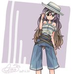  :&gt; aioi_aoi alternate_costume anchor_symbol bare_shoulders bead_necklace beads blue_pants brown_eyes brown_hair collarbone cowboy_shot dated gradient_hair hair_between_eyes hat hijiri_byakuren jewelry long_hair looking_at_viewer multicolored_hair necklace off-shoulder_shirt pants purple_background purple_hair shirt signature smile solo sunglasses touhou very_long_hair white_hat white_shirt 