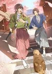  black_hair blue_eyes cherry_blossoms clenched_hand dog full_body geta hakama hip_vent japanese_clothes kimono looking_back male_focus multiple_boys one_eye_closed open_mouth original paper petals red_hakama running sando_(310_sand) short_hair shosei smile tabi 