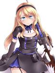  bad_id bad_pixiv_id belt belt_pouch black_gloves blonde_hair blue_eyes breasts cleavage_cutout commentary_request dress elbow_gloves elina_lavrentieva gloves gun hair_between_eyes hairband highres long_hair neit_ni_sei original over_shoulder pouch rifle scope short_sleeves small_breasts solo weapon weapon_over_shoulder white_background 