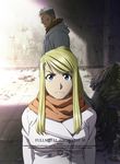  1girl blonde_hair blue_eyes coat fullmetal_alchemist long_hair looking_at_viewer official_art orange_scarf ponytail red_eyes scar_(fma) scarf serious short_hair sunlight text_focus white_coat white_hair winry_rockbell 