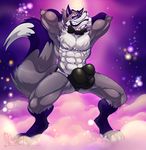  2017 abs anthro ashbury biceps black_fur black_nose black_skin bow_tie bulge canine clothing dancing fox fur gloves_(marking) grey_skin grin hands_behind_head hungothenomster looking_at_viewer male mammal markings multicolored_fur multicolored_skin muscular penis_outline pose red_eyes sharp_teeth show smile smoke solo standing teeth tight_underwear underwear white_fur white_skin 