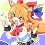  &gt;_o ;3 ;d ascot bangs blush_stickers bow commentary_request cowboy_shot cuffs eyebrows_visible_through_hair fang hair_between_eyes hair_bow hand_on_hip horn_bow horns ibuki_suika index_finger_raised long_hair looking_at_viewer one_eye_closed open_mouth orange_hair purple_bow red_bow shackles shirt sidelocks sleeveless smile solo tirotata touhou white_shirt yellow_eyes 