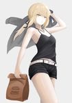  armpits artoria_pendragon_(all) bag belt black_camisole black_tank_top blonde_hair breasts camisole cleavage fate_(series) food from_below hamburger highres jacket_on_shoulders long_hair looking_at_viewer midriff navel nekoneko_jun2_123 paper_bag photoshop_(medium) ponytail saber_alter short_shorts shorts small_breasts solo thighs white_background yellow_eyes 
