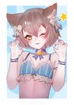  ;3 animal_ears arm_ribbon bangs bare_arms bare_shoulders black_bow blue_background blue_bra blue_choker blue_nails blush bob_cut bolo_tie border bow bow_bra bra cat_ears choker claw_pose collarbone commentary eyebrows_visible_through_hair eyelashes felix_argyle frilled_bra frills hair_between_eyes hair_bow half-closed_eye hands_up head_tilt highres jewelry looking_at_viewer male_focus midriff nail_polish otoko_no_ko outside_border parted_bangs parted_lips pendant petite re:zero_kara_hajimeru_isekai_seikatsu ribbon short_eyebrows short_hair simple_background slit_pupils solo spaghetti_strap star striped thick_eyebrows underwear upper_body vertical-striped_bra vertical_stripes white_border white_bow wtcolor yellow_eyes 