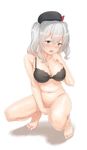  bangs bare_shoulders beret black_bra blue_eyes blush bottomless bra breasts cleavage collarbone commentary_request erubesuto eyebrows_visible_through_hair fingering full_body hat kantai_collection kashima_(kantai_collection) large_breasts masturbation navel open_mouth shadow silver_hair simple_background solo squatting sweat twintails underwear underwear_only white_background 