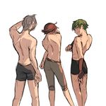  arm_up back blue_hair brown_gloves contrapposto fingerless_gloves fire_emblem fire_emblem:_kakusei fire_emblem:_monshou_no_nazo fire_emblem_if gloves gordon_(fire_emblem) green_eyes green_hair highres katy_ho looking_back male_focus multiple_boys red_hair richt_(fire_emblem) shirtless silas_(fire_emblem_if) silver_hair simple_background smile standing stretch underwear underwear_only white_background 