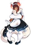 2016 absurd_res anthro apron big_breasts blue_eyes bow breasts brown_fur brown_hair chest_tuft clothed clothing dress fangs female fire footwear freckles fur gloves hair hi_res legwear lips long_hair looking_at_viewer maid_uniform one_eye_closed shoes simple_background smile solo stockings teeth tongue tongue_out tuft uniform unknown_species venusflowerart white_background white_fur wide_hips 