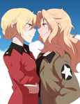  blonde_hair blue_eyes blue_sky blush bomber_jacket cloud commentary crossed_arms darjeeling day eye_contact face-to-face girls_und_panzer hands_in_pockets highres jacket kay_(girls_und_panzer) lamen3000 long_hair looking_at_another military military_uniform multiple_girls saunders_military_uniform short_hair sketch sky smile st._gloriana's_military_uniform uniform yuri 