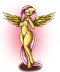  2015 anthro anthrofied blue_eyes blush breasts cutie_mark equine feathered_wings feathers female fluttershy_(mlp) friendship_is_magic gradient_background hair hi_res hooves long_hair mammal my_little_pony navel nipples nude on_one_leg pegasus pink_background pink_hair pussy simple_background smile solo standing suirano white_background wide_hips wings yellow_feathers 