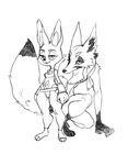  anthro black_and_white breasts buckteeth canine cleavage clothed clothing duo female fox half-closed_eyes hi_res jijis-waifus lagomorph larger_male male mammal midriff monochrome oh-jiji rabbit size_difference smaller_female smile teeth 