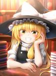  1girl bangs black_hat black_vest blonde_hair blush book book_stack bookshelf bow commentary_request elbow_rest eyebrows_visible_through_hair fangs grin hair_between_eyes hair_bow hand_up hat hat_bow highres indoors kirisame_marisa lens_flare long_hair looking_at_viewer m9kndi puffy_short_sleeves puffy_sleeves shadow shirt short_sleeves single_sidelock smile solo touhou upper_body vest white_bow white_shirt witch_hat yellow_eyes 