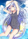  aruka_(alka_p1) bare_arms bare_legs blue_eyes hair_between_eyes hammer_and_sickle hat hibiki_(kantai_collection) highres innertube kantai_collection long_hair one-piece_swimsuit school_swimsuit silver_hair smile solo swimsuit verniy_(kantai_collection) water white_hat 