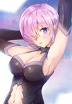  arms_up blush breasts cleavage collarbone eyebrows_visible_through_hair fate/grand_order fate_(series) hair_over_one_eye highres ippers large_breasts looking_at_viewer mash_kyrielight navel purple_eyes purple_hair solo tongue tongue_out upper_body 
