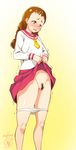  arisugawa_himari artist_name asuhiro_(handsome_aniki) blush brown_eyes brown_hair forehead gradient gradient_background highres kirakira_precure_a_la_mode lifted_by_self long_hair long_sleeves neckerchief nose_blush open_mouth panties panty_pull pleated_skirt precure pubic_hair pussy red_eyes red_skirt school_uniform serafuku skirt skirt_lift solo standing tears trembling underwear wavy_mouth white_panties yellow_background 